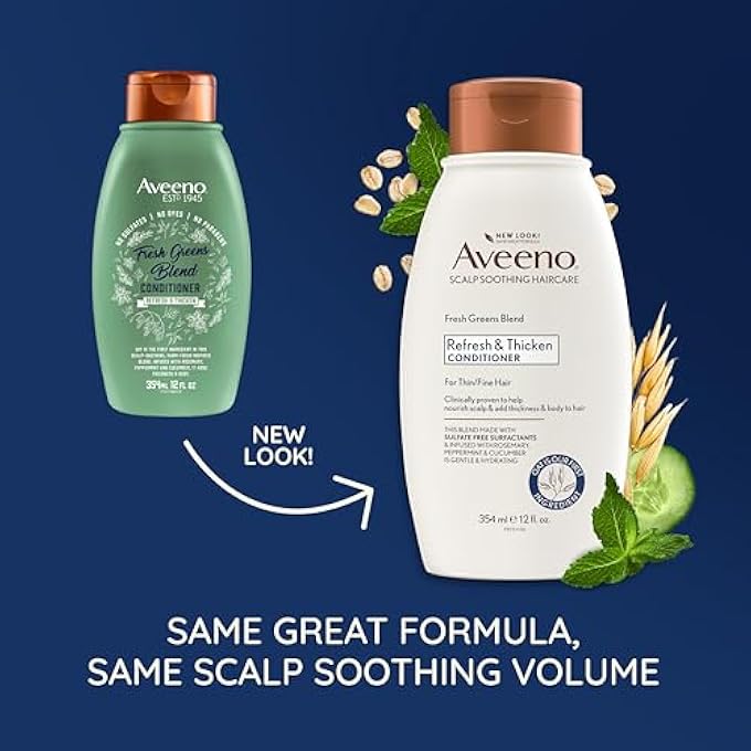 Aveeno , FRESH GREENS BLEND SULFATE-FREE CONDITIONER WITH ROSEMARY, PEPPERMINT & CUCUMBER TO THICKEN & NOURISH, CLARIFYING & VOLUMIZING FOR THIN OR FINE HAIR, PARABEN-FREE, 12OZ - Image 3